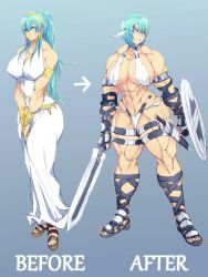 Rule 34 | 1girl, abs, absurdres, blue eyes, blue hair, breasts, cleavage, copyright request, female focus, fingerless gloves, gloves, highres, jin-jin, large breasts, muscular, muscular female, navel, sandals, shield, solo, sword, weapon