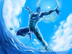 Rule 34 | 1boy, abs, bad id, bad pixiv id, blue skin, blue sky, colored skin, dc comics, dr. manhattan, fabulous, flaccid, male focus, muscular, penis, running, sky, solo, sun, thethetheccccc, watchmen, water, what