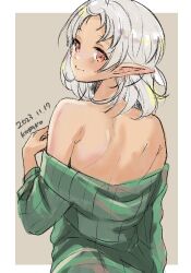 Rule 34 | 1girl, artist name, bare shoulders, closed mouth, dated, elf, from behind, green sweater, kasakasako, looking back, medium hair, mushoku tensei, pointy ears, red eyes, ribbed sweater, smile, solo, sweater, sylphiette (mushoku tensei), white hair
