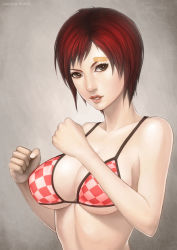 Rule 34 | 1girl, bad id, bad pixiv id, bandaid, bare shoulders, bikini, breasts, brown eyes, checkered bikini, checkered clothes, cleavage, clenched hands, dead or alive, dead or alive 5, freckles, large breasts, lips, mila (doa), nose, red hair, short hair, smile, solo, swimsuit, tecmo, underboob, upper body, vasily (run211)