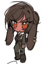 Rule 34 | 1girl, animal ears, black footwear, black jacket, black pants, blush, boots, brown eyes, brown hair, chibi, chibi only, collared shirt, cropped jacket, huyj cl, jacket, limbus company, long sleeves, lowres, necktie, outis (project moon), pants, parted lips, project moon, rabbit ears, rabbit tail, red necktie, shirt, short hair, simple background, solo, tail, white background, white shirt