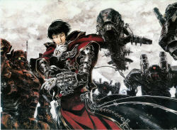 Rule 34 | 00s, 1boy, aircraft, airplane, black hair, cape, cloud, cloudy sky, coat, gauntlets, long sleeves, looking at viewer, machinery, mecha, official art, outdoors, robot, scan, shibamoto thores, sky, standing, trinity blood, uniform
