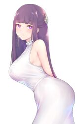 Rule 34 | 1girl, :t, arms behind back, blunt bangs, breasts, closed mouth, dress, fern (sousou no frieren), from side, hair ornament, highres, large breasts, leaning forward, long hair, looking at viewer, nikuku (kazedesune), pout, purple eyes, purple hair, simple background, solo, sousou no frieren, straight hair, very long hair, white background, white dress