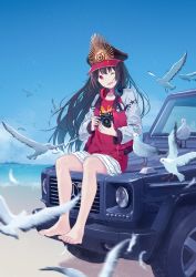 Rule 34 | 1girl, ;d, barefoot, beach, bird, black hair, black hat, blue sky, camera, casual, day, fate/grand order, fate (series), feet, floating hair, full body, hat, headphones, headphones around neck, highres, holding, holding camera, jacket, long hair, looking at viewer, military hat, mimengfeixue, miniskirt, ocean, oda nobunaga (fate), oda nobunaga (koha-ace), on vehicle, one eye closed, open clothes, open jacket, open mouth, outdoors, red eyes, red shirt, shirt, sitting, skirt, sky, smile, solo, striped clothes, striped skirt, very long hair, white skirt