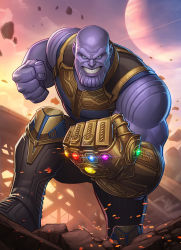 Rule 34 | 1boy, avengers: infinity war, avengers (series), bald, colored skin, embers, evil grin, evil smile, fighting stance, grin, highres, infinity gauntlet, infinity gems, looking at viewer, male focus, marvel, marvel cinematic universe, patrick brown, purple skin, smile, solo, teeth, thanos