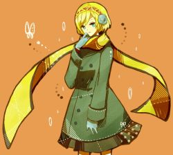 Rule 34 | 1girl, aegis (persona), android, atlus, bad id, bad pixiv id, blonde hair, blue eyes, bug, butterfly, coat, contemporary, earmuffs, gloves, bug, mamekakao (higanbana), persona, persona 3, scarf, short hair, solo