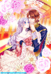 Rule 34 | 1boy, 1girl, :d, blue eyes, breasts, brown hair, cape, cleavage, dress, flower, frilled dress, frills, futami jun, holding hands, hand up, hetero, highres, indoors, jewelry, long hair, long neck, long sleeves, necklace, open mouth, ribbon-trimmed sleeves, ribbon trim, ring, silver hair, small breasts, smile, watermark, wide sleeves