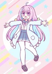 Rule 34 | 1girl, ahoge, black footwear, blue hair, blue skirt, blush, bow, green bow, highres, jacket, kashimu, long sleeves, multicolored hair, open clothes, open jacket, open mouth, original, outstretched arms, pantyhose, pink eyes, pink hair, pink ribbon, pleated skirt, ribbon, sailor collar, shirt, skirt, solo, spread arms, star (symbol), twintails, white pantyhose, yellow bow