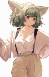 Rule 34 | 1girl, absurdres, animal ears, blush, breasts, brown pants, cleavage, cowboy shot, green hair, hands up, highres, looking at viewer, medium hair, mouse ears, original, otoma (matoi0603), pants, partially unbuttoned, pink eyes, shirt, simple background, solo, suspenders, white background, white shirt, wide sleeves
