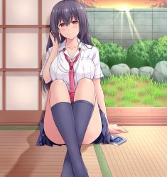 Rule 34 | 1girl, amane hasuhito, arm at side, bad id, bad pixiv id, black socks, blush, breasts, brown eyes, closed mouth, collarbone, convenient censoring, convenient leg, crossed legs, digital media player, earphones, garden, grass, kneehighs, light rays, long hair, looking at viewer, necktie, orange sky, original, plant, purple hair, red eyes, red necktie, rock, short sleeves, sitting, skindentation, sky, smile, socks, solo, sun, sunlight, sunset, tatami, thighs, very long hair, wall, wing collar