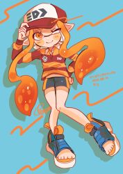 Rule 34 | 1girl, absurdres, baseball cap, bike shorts, blue background, commentary request, dated, hand on own hip, hat, highres, inkling, inkling girl, inkling player character, long hair, nintendo, one eye closed, orange eyes, orange hair, orange shirt, payayo884, red hat, shirt, simple background, smile, solo, splatoon (series), toes, translation request, two-tone headwear, two-tone shirt, white hat