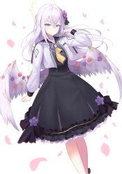 Rule 34 | 1girl, azusa (blue archive), bad id, bad pixiv id, blue archive, flower, frilled skirt, frills, haeil2, hair between eyes, hair flower, hair ornament, halo, highres, long hair, long skirt, looking at viewer, petals, purple eyes, school uniform, silver hair, simple background, skirt, solo, white background, wings
