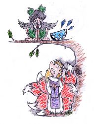 Rule 34 | :o, aesop&#039;s fables, blonde hair, bow, branch, cheese, cirno, colored pencil (medium), dress, food, fox tail, green bow, green dress, hat, ice, ice wings, in tree, long sleeves, looking down, looking up, mob cap, multiple tails, nest, oak leaf, organis (artist), pen (medium), pun, reiuji utsuho, russian text, saliva, sitting, sitting in tree, tabard, tail, the fox and the crow, touhou, traditional media, tree, wings, yakumo ran