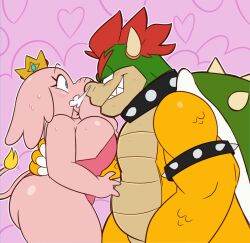 Rule 34 | 1boy, 1girl, absurdres, arm around waist, armlet, blush, bowser, breasts, cleavage, collar, colored skin, crown, elephant girl, elephant peach, elephant tail, eye contact, furry, furry female, furry male, furry with furry, heart, heart background, highres, horns, large breasts, leotard, light blush, looking at another, mario (series), mini crown, monamania, nintendo, pink background, pink leotard, pink skin, princess peach, red hair, sharp teeth, smile, snort, spiked armlet, spiked collar, spiked shell, spikes, super mario bros. wonder, teeth