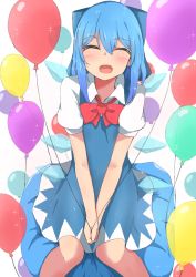 Rule 34 | 1girl, :d, ^ ^, balloon, bean bag chair, blue dress, blue hair, blush, bow, bowtie, cirno, closed eyes, commentary, dress, facing viewer, fang, feet out of frame, hair between eyes, hair ribbon, hands on lap, highres, holding, holding balloon, medium hair, mizune (winter), open mouth, pinafore dress, puffy short sleeves, puffy sleeves, red bow, red bowtie, ribbon, shirt, short sleeves, simple background, sitting, skin fang, sleeveless dress, smile, solo, sparkle, touhou, v arms, white background, white shirt, wings