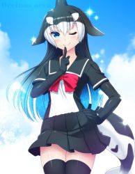 Rule 34 | 1girl, bad id, bad twitter id, black hair, blowhole, blue eyes, blue hair, blush, bow, bowtie, cetacean tail, commentary request, cowboy shot, dorsal fin, elbow gloves, finger to mouth, fins, fish tail, gloves, hand on own hip, kemono friends, killer whale (kemono friends) (totokichi), long hair, multicolored hair, one eye closed, orca (kemono friends) (kmfr), original, pleated skirt, sailor collar, short sleeves, skirt, sky, smile, solo, sparkle, tail, thighhighs, totokichi, white hair, zettai ryouiki