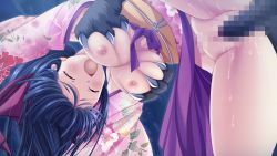 Rule 34 | 1girl, bent over, black hair, bottomless, grabbing another&#039;s breast, breasts, censored, claws, clothes lift, closed eyes, game cg, grabbing, groping, interspecies, japanese clothes, kagura reimeiki ~kanade no shou~, kimono, kimono lift, large breasts, long hair, monster, nipples, open clothes, open kimono, pussy, pussy juice, sex, tears, vaginal, yamamoto kazue
