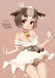 Rule 34 | 1girl, 2021, animal ears, animal print, bare shoulders, bell, black hair, blush, bra, breasts, brown eyes, chinese zodiac, cleavage, cow ears, cow girl, cow horns, cow print, cowbell, crown, dress, earclip, fingernails, highres, holding, holding jar, horns, jar, jumping, large breasts, looking at viewer, milk, mini crown, multicolored hair, neck bell, nijitama shiyushiyu, original, panties, parted lips, sash, short hair, smile, solo, thigh gap, tilted headwear, two-tone hair, underwear, white bra, white dress, white hair, white panties, year of the ox