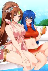 Rule 34 | 1girl, alternate costume, bikini, blue eyes, blue hair, blurry, blurry background, blush, bow, bracelet, breasts, brown eyes, brown hair, caeda (fire emblem), caeda (summer) (fire emblem), circlet, cleavage, cloud, cloudy sky, collarbone, commentary, cup, drinking glass, drinking straw, english commentary, female focus, fire emblem, fire emblem: mystery of the emblem, fire emblem heroes, flower, food, fruit, groin, hair between eyes, hair flower, hair ornament, halterneck, highres, holding, holding cup, jewelry, large breasts, lemon, lemon slice, lindaroze, linde (fire emblem), long hair, looking at viewer, matching hair/eyes, midriff, navel, necklace, nintendo, official alternate costume, one-piece swimsuit, pink bikini, pink bow, poolside, red bikini, second-party source, shadow, sidelocks, sitting, sky, smile, star (symbol), star hair ornament, swimsuit, thigh strap, thighs, turtleneck, turtleneck one-piece swimsuit, very long hair