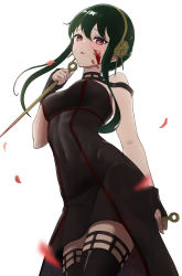 Rule 34 | 1girl, absurdres, black dress, black gloves, black hair, black thighhighs, blood, blood on face, blurry, blurry foreground, brown flower, brown hairband, covered navel, cowboy shot, dress, dual wielding, fingerless gloves, gloves, hair between eyes, hairband, highres, holding, holding weapon, open mouth, petals, red eyes, sasasa r 23, short dress, short hair with long locks, simple background, sleeveless, sleeveless dress, solo, spy x family, standing, thighhighs, waist cape, weapon, white background, yor briar, zettai ryouiki