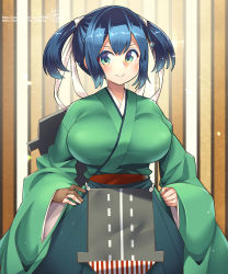 Rule 34 | 1girl, artist name, blue eyes, blue hair, blush, breasts, brown gloves, closed mouth, flight deck, gloves, green hakama, green kimono, hair between eyes, hakama, highres, japanese clothes, kantai collection, kimono, large breasts, long sleeves, partially fingerless gloves, partly fingerless gloves, short hair, signature, smile, solo, souryuu (kancolle), twintails, umigarasu (kitsune1963), upper body, watermark, web address, wide sleeves, yugake