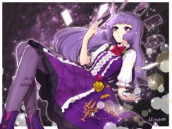 Rule 34 | 10s, 1girl, aikatsu!, aikatsu! (series), ankle boots, artist name, boots, border, bow, bowtie, card, cross-laced footwear, crossed legs, dress, eyelashes, fingernails, floating, floating card, flower, hair ribbon, hikami sumire, hitoto, lace-up boots, lens flare, long hair, nail polish, pantyhose, purple dress, purple eyes, purple footwear, purple hair, purple pantyhose, ribbon, rose, solo, sparkle, white border