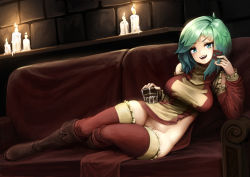 Rule 34 | &gt;:d, 1girl, :d, barbariank, boots, brick wall, candle, commentary, couch, cup, detached sleeves, drinking glass, elbow rest, full body, green eyes, green hair, twirling hair, indoors, knee boots, long hair, looking at viewer, no panties, open mouth, original, pelvic curtain, reclining, red thighhighs, sharp teeth, smile, solo, taut clothes, teeth, thighhighs, v-shaped eyebrows