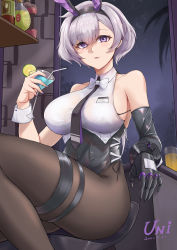Rule 34 | 1girl, absurdres, animal ears, arm rest, artist name, azur lane, bar (place), bare shoulders, black hairband, black leotard, black neckwear, black pantyhose, bow, bowtie, breasts, chinese commentary, collarbone, collared shirt, commentary request, cowboy shot, crop top, cup, dated, drinking straw, elbow gloves, fake animal ears, gloves, grey hair, groin, hair between eyes, hairband, highres, holding, holding cup, id card, indoors, large breasts, leotard, leotard under clothes, long hair, looking at viewer, low ponytail, metal gloves, necktie, night, official alternate costume, pantyhose, parted hair, parted lips, partial commentary, playboy bunny, purple eyes, rabbit ears, reno (azur lane), reno (reno bunnino) (azur lane), see-through, see-through shirt, shirt, side-tie leotard, sideboob, sidelocks, single elbow glove, sitting, skindentation, sleeveless, sleeveless shirt, smile, solo, stool, thigh strap, unique (pixiv12704744), white bow, white bowtie, white shirt, window, wrist cuffs
