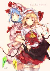 Rule 34 | 2girls, artist name, ascot, bat wings, beige background, blonde hair, blue hair, blush, bow, breasts, collarbone, commentary request, cowboy shot, crystal, dated, dress, flandre scarlet, frilled shirt collar, frills, grabbing another&#039;s wing, hair between eyes, hat, hat ribbon, head tilt, highres, locked arms, long hair, looking at another, looking at viewer, miniskirt, mob cap, multiple girls, one side up, petticoat, pink dress, pink hat, puffy short sleeves, puffy sleeves, red ascot, red bow, red eyes, red ribbon, red skirt, red vest, remilia scarlet, ribbon, sakusyo, shirt, short dress, short hair, short sleeves, siblings, signature, simple background, sisters, skirt, skirt set, small breasts, smile, standing, thighhighs, touhou, vest, white hat, white legwear, white shirt, wings, wrist cuffs, yellow ascot, zettai ryouiki