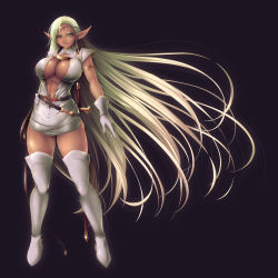 Rule 34 | 1girl, black background, boots, breasts, center opening, cleavage, dark-skinned female, dark elf, dark skin, elf, eyebrows, full body, gloves, green eyes, green hair, hand on own hip, high heels, highres, ishii akira, large breasts, legs, lips, long hair, long pointy ears, matching hair/eyes, parted lips, pirotess, pointy ears, record of lodoss war, shoes, simple background, solo, thigh boots, thighhighs, thighs, very long hair, whip, white thighhighs