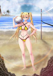 Rule 34 | 1girl, armpit peek, artist request, ball, beach, bikini, blonde hair, blurry, blurry background, blurry foreground, breasts, character request, cleavage, copyright request, feet, female focus, full body, green eyes, hand on own hip, highres, large breasts, navel, smile, smug, source request, swimsuit, thighhighs, thighs, twintails, volleyball (object), volleyball net, yellow bikini