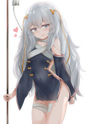 Rule 34 | 1girl, absurdres, arm behind back, bandaged leg, bandaged neck, bandages, bare shoulders, blood, blood bag, blue eyes, blush, breasts, clothing cutout, collarbone, covered navel, cowboy shot, dress, girls&#039; frontline, gold trim, hair between eyes, head tilt, heart, heart-shaped pupils, highres, holding, holding pole, intravenous drip, long hair, looking at viewer, open mouth, pole, ribeyrolles (girls&#039; frontline), ru zhai, shoulder cutout, side cutout, sidelocks, silver hair, simple background, solo, sweatdrop, symbol-shaped pupils, thighs, very long hair, wavy hair, white background