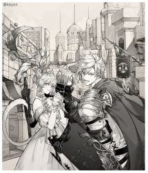 Rule 34 | 1girl, 2boys, animal ears, armor, bare shoulders, black mage (final fantasy), braid, building, cape, cat girl, city, closed eyes, closed mouth, collar, collarbone, dress, drill hair, drill sidelocks, fictional persona, final fantasy, final fantasy xiv, from behind, from side, gloves, greyscale, hair between eyes, highres, holding, holding shield, holding staff, hyur, long hair, looking at viewer, looking down, miqo&#039;te, monochrome, multiple boys, off-shoulder dress, off shoulder, open mouth, outdoors, own hands together, paladin (final fantasy), ricemune723623, shield, shoulder armor, sidelocks, single braid, sky, smile, staff, tail, warrior of light (ff14), white mage (final fantasy)