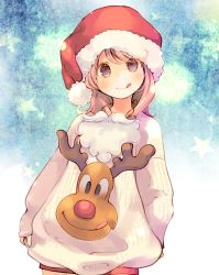 Rule 34 | 1girl, :q, blush, christmas, commentary request, cowboy shot, fur trim, grey eyes, hat, kuga tsukasa, looking at viewer, original, red hat, santa hat, silver hair, solo, standing, sweater, tongue, tongue out, white sweater