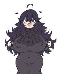 Rule 34 | 1girl, @ @, blush, breasts, clenched hands, covered erect nipples, creatures (company), dork ( dorku), dress, game freak, heart, hex maniac (pokemon), huge breasts, messy hair, nail polish, nintendo, npc trainer, open mouth, pokemon, pokemon xy, purple dress, purple eyes, purple hair, simple background, solo, sweat, teeth, upper teeth only, white background