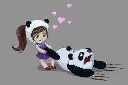 Rule 34 | 1girl, animal ears, brown hair, child, claw marks, fangs, green eyes, heart, highres, multiple hearts, open mouth, panda, panda ears, scared, tongue