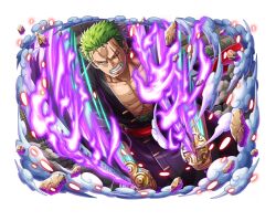 Rule 34 | 1boy, clenched teeth, fire, game cg, green hair, holding, holding sword, holding weapon, katana, looking at viewer, official art, one piece, one piece treasure cruise, open clothes, purple robe, robe, roronoa zoro, scar, scar across eye, short hair, solo, sword, teeth, weapon