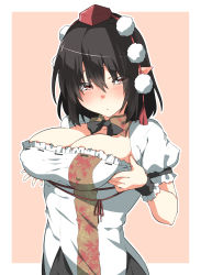 Rule 34 | 1girl, bad id, bad pixiv id, black hair, black neckwear, black skirt, blush, breast hold, breasts, cleavage, covered erect nipples, detached collar, hair between eyes, hat, highres, kz oji, large breasts, looking at viewer, pointy ears, pom pom (clothes), puffy short sleeves, puffy sleeves, red eyes, shameimaru aya, shirt, short sleeves, skirt, solo, tokin hat, touhou, upper body, white shirt, wrist cuffs