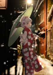 Rule 34 | 1girl, :d, absurdres, backlighting, blurry, blurry background, braid, colored inner hair, commentary, crown braid, floral print kimono, flower, furisode, green umbrella, grey hair, hair flower, hair ornament, highres, holding, holding umbrella, japanese clothes, kimono, link! like! love live!, long sleeves, looking at viewer, love live!, multicolored hair, obi, oil-paper umbrella, open mouth, photo background, purple flower, purple kimono, red eyes, red hair, red kimono, sash, short hair, smile, snow, solo, spider web print, split-color clothes, streaked hair, symbol-only commentary, umbrella, virtual youtuber, white flower, white sash, yugiri tsuzuri, yutuki ame