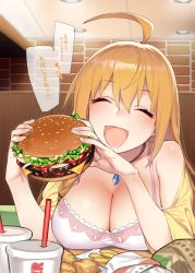 Rule 34 | 1girl, 92m, ^ ^, ahoge, bare shoulders, blush, breast rest, breasts, breasts on table, burger, camisole, cheese, chicken nuggets, cleavage, closed eyes, collarbone, commentary request, cup, drinking straw, food, french fries, hair between eyes, highres, holding, holding food, jewelry, large breasts, lettuce, long hair, necklace, off shoulder, open mouth, orange hair, pecorine (princess connect!), pecorine (real) (princess connect!), pendant, pink camisole, princess connect!, smile, solo, speech bubble, table, tomato, translated