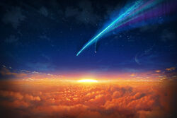 Rule 34 | cloud, comet, commentary, commentary request, crescent moon, english commentary, evening, fantasy, highres, horizon, kimi no na wa., mixed-language commentary, moon, no humans, scenery, sky, star (sky), starry sky, sun, sunset, vinci v7