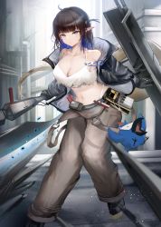 Rule 34 | 1girl, arknights, bare shoulders, bird, black footwear, black gloves, black hair, black jacket, blue eyes, blue hair, breasts, camisole, cleavage, collarbone, colored inner hair, commentary request, crop top, eunectes (arknights), eunectes (forgemaster) (arknights), gloves, grey pants, high priest (arknights), highres, holding, holding weapon, jacket, large breasts, long hair, long sleeves, looking at viewer, masai no senshi, midriff, multicolored hair, navel, open clothes, open jacket, pants, partial commentary, pointy ears, shield, shoes, snake tail, solo, spaghetti strap, standing, stomach, tail, weapon