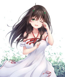 Rule 34 | 1girl, ;d, arm up, bare shoulders, blush, breasts, brown hair, collarbone, dress, fingernails, green eyes, hair between eyes, hair ornament, hairclip, halterneck, head tilt, highres, leaf, long hair, looking at viewer, medium breasts, one eye closed, open mouth, original, red ribbon, ribbon, smile, solo, very long hair, white background, white dress, ym (distance819)