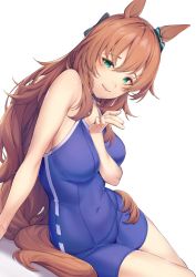 Rule 34 | 1girl, amagimei, animal ears, blue one-piece swimsuit, blue ribbon, bow, breasts, brown hair, covered navel, ear bow, ear ribbon, green eyes, highres, horse ears, horse girl, long hair, looking at viewer, maruzensky (umamusume), medium breasts, one-piece swimsuit, ribbon, simple background, sitting, solo, swimsuit, thighs, umamusume, white background