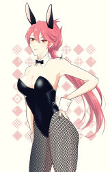 Rule 34 | animal ears, black leotard, bow, bowtie, breasts, cleavage cutout, clothing cutout, detached collar, double-parted bangs, eiyuu densetsu, fake animal ears, falcom, fishnet pantyhose, fishnets, floating hair, grid background, hair between eyes, hand on own hip, highleg, highleg leotard, il (il suffered), large breasts, leotard, long hair, looking at viewer, nail polish, pantyhose, pink hair, playboy bunny, ponytail, rabbit ears, sara valestein, sen no kiseki, smile, strapless, strapless leotard, traditional bowtie, wrist cuffs, yellow eyes