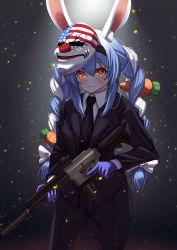 Rule 34 | 1girl, :3, absurdres, animal ear fluff, animal ears, assault rifle, black jacket, black necktie, black pants, blue hair, blush, braid, carrot hair ornament, collared shirt, commentary request, cowboy shot, food-themed hair ornament, formal, gloves, gun, hair between eyes, hair ornament, highres, holding, holding gun, holding weapon, hololive, jacket, long hair, long sleeves, looking at viewer, mask, mask on head, mcbox, multicolored hair, necktie, orange eyes, pants, payday 2, purple gloves, rabbit ears, rabbit girl, rifle, shirt, short eyebrows, sidelocks, solo, standing, suit, thick eyebrows, trigger discipline, twin braids, twintails, two-tone hair, usada pekora, virtual youtuber, weapon, white hair, white shirt
