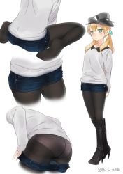 Rule 34 | 10s, 1girl, 2016, alternate costume, ama mitsuki, aqua eyes, arms behind back, ass, bent over, black footwear, black pantyhose, blonde hair, boots, crotch seam, dated, denim, denim shorts, fashion, feet, full body, hair bobbles, hair ornament, hat, high heel boots, high heels, kantai collection, knee boots, pantyhose under shorts, multiple views, no shoes, panties, panties under pantyhose, pantyhose, pantyhose under shorts, prinz eugen (kancolle), short shorts, shorts, simple background, sitting, soles, standing, twintails, underwear, undressing, wariza, white background