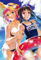 Rule 34 | 2girls, :o, absurdres, age difference, arm grab, beads, between breasts, bikini, black bikini, black hair, blue hair, blue one-piece swimsuit, blush, breasts, cleavage, cloud, collarbone, cowboy shot, day, dutch angle, flower, gradient hair, green eyes, hagana (world end economica), halterneck, hand on another&#039;s shoulder, hat, hat flower, highres, holding, innertube, large breasts, leaning forward, light smile, lips, looking at viewer, mole, mole under eye, multicolored hair, multiple girls, name tag, navel, official art, one-piece swimsuit, open mouth, outdoors, paw print, pink hair, polka dot, red eyes, risa (world end economica), scan, school swimsuit, side-tie bikini bottom, sky, small breasts, smile, straw hat, string bikini, swim ring, swimsuit, transparent, uwatsuki isshiki, wet, world end economica
