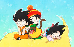 Rule 34 | 3boys, :d, :o, black eyes, black footwear, black hair, blue background, brothers, child, china dress, chinese clothes, clenched teeth, clothes writing, dbcdef, dot nose, dougi, dragon ball, dragon ball (classic), dragon ball (object), dragonball z, dress, father and son, flying nimbus, full body, grabbing, grin, hands on another&#039;s shoulders, happy, hat, indian style, kneeling, looking afar, looking at another, looking back, looking down, male focus, messy hair, monkey tail, multiple boys, ruyi jingu bang, open mouth, outline, red headwear, siblings, signature, simple background, sitting, smile, son gohan, son goku, son goten, speed lines, spiked hair, star (symbol), starry background, surprised, tail, teeth, time paradox, twitter username, v arms, white outline
