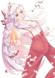Rule 34 | 1girl, bow, collared shirt, commentary request, ellen drawing, fire, fujiwara no mokou, hair bow, highres, long hair, long sleeves, looking at viewer, ofuda, ofuda on clothes, pants, parted lips, pyrokinesis, red eyes, red pants, shirt, signature, simple background, solo, suspenders, touhou, very long hair, white background, white bow, white hair, white shirt